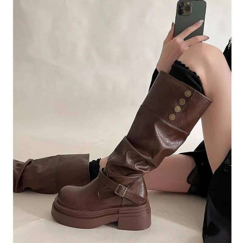 Women's Two-Way Foldable Knee-High | Thick-Soled Retro Punk Biker Boots with Buckle Straps