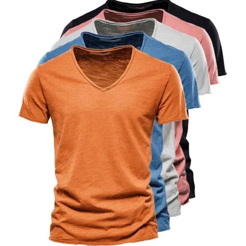 New Cotton T Shirt Tops V Neck Thin Short Sleeve Tees Men's Fashion Fitness Hot T-shirt For Men Size S-5XL 26H0306