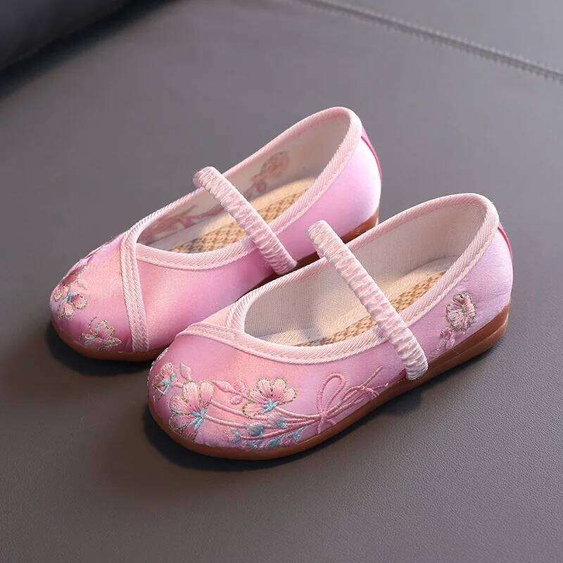 Hand-embroidered Chinese Style Cotton Cloth for Children Soft-soled Comfortable Flat Kids Girls Princess Shoes Red 26H0306