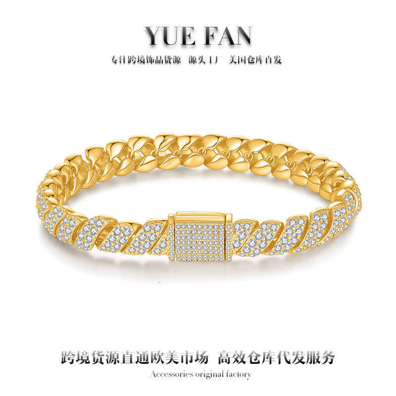 High-quality moissanite Cuban chain 8mm, sterling silver plated with gold, exclusively for European and American cross-border trade