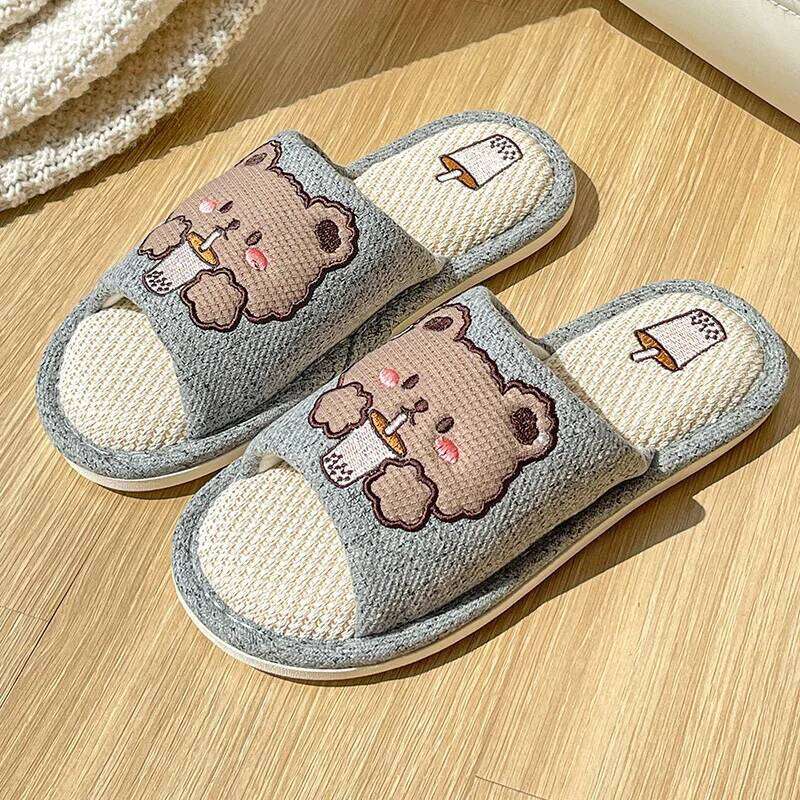 Litfun Women's Summer Cute Cartoon Slippers Indoor Soft Comfort House Shoes New Open Toe Linen Cotton Slipper Casual Flat Slides