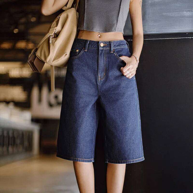 Maden New Vintage Navy Heavyweight Denim Shorts Women's Summer Embroidered Pants With YKK Zipper Wide Leg Straight Casual Jeans Mdng260306