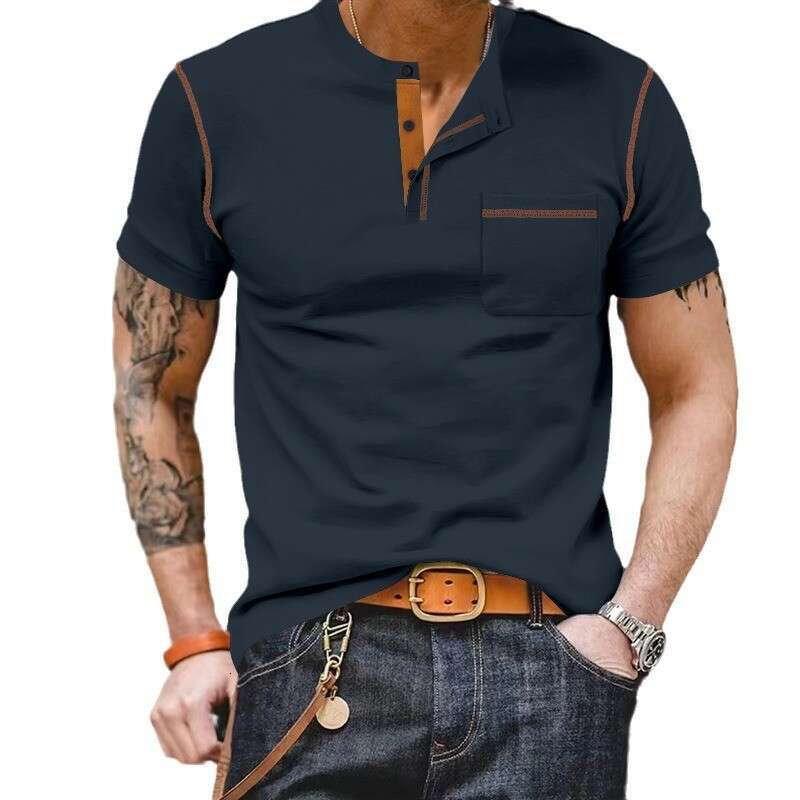 2025 European and American Cross-Border Short Sleeve Summer Foreign Trade Men's Henley Shirt Amazon Color Block T-Shirt Wholesale for Men