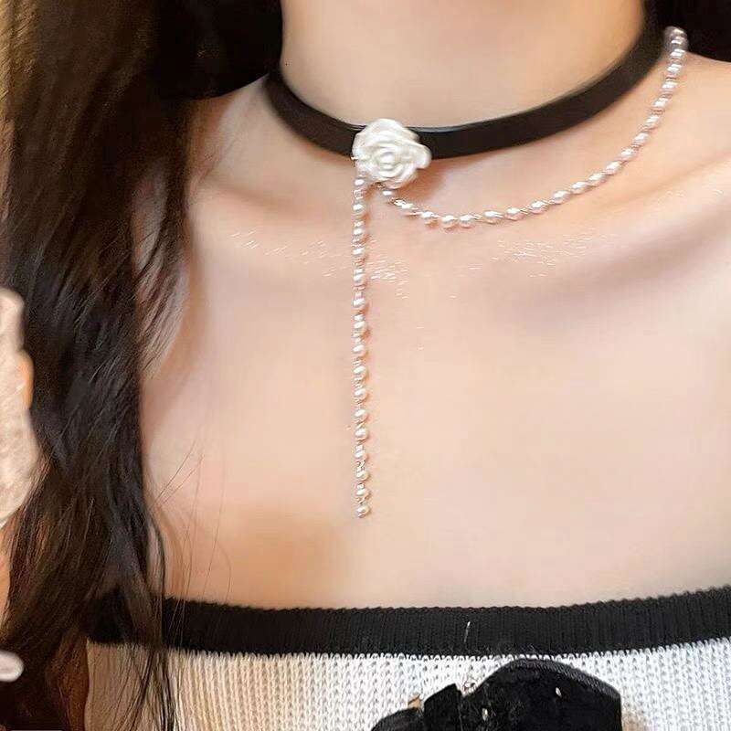 Rose flower pearl choker black collarbone fashion high-end chain neckband neck necklace accessory for women
