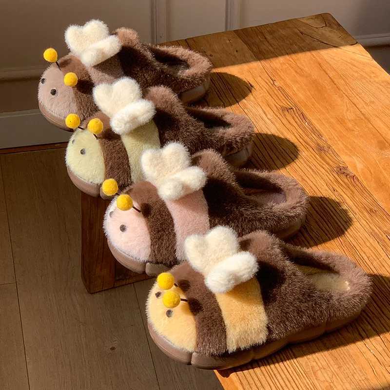 Cute little bee furry slippers for ladies in autumn cute and suitable for outdoor wear at home furry womens shoes S260305