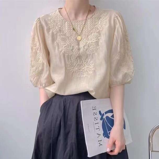 Mardi Hefxessdr Embroidered Shirt Short Sleeve Women's Bubble Sleeve Top Stylish Casual Simple Style Summer New Arrival Chinese style shirt women