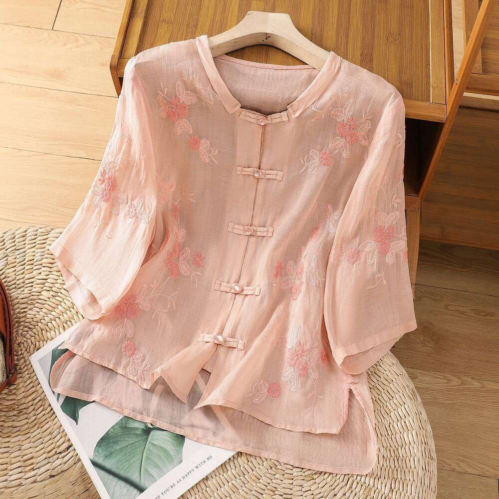 New Chinese style Sle Women's Cotton and Hemp Embroidered Short Sleeve Summer Thin Loose Top Button Classic A-line Version Short Sleeve