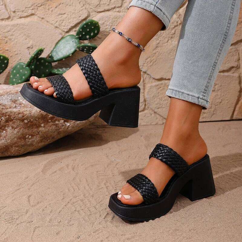 2026 Summer New Solid Color Simple High Sandals Fashion Open Toe Thick Slippers Casual Coarse Heel Women's Shoes