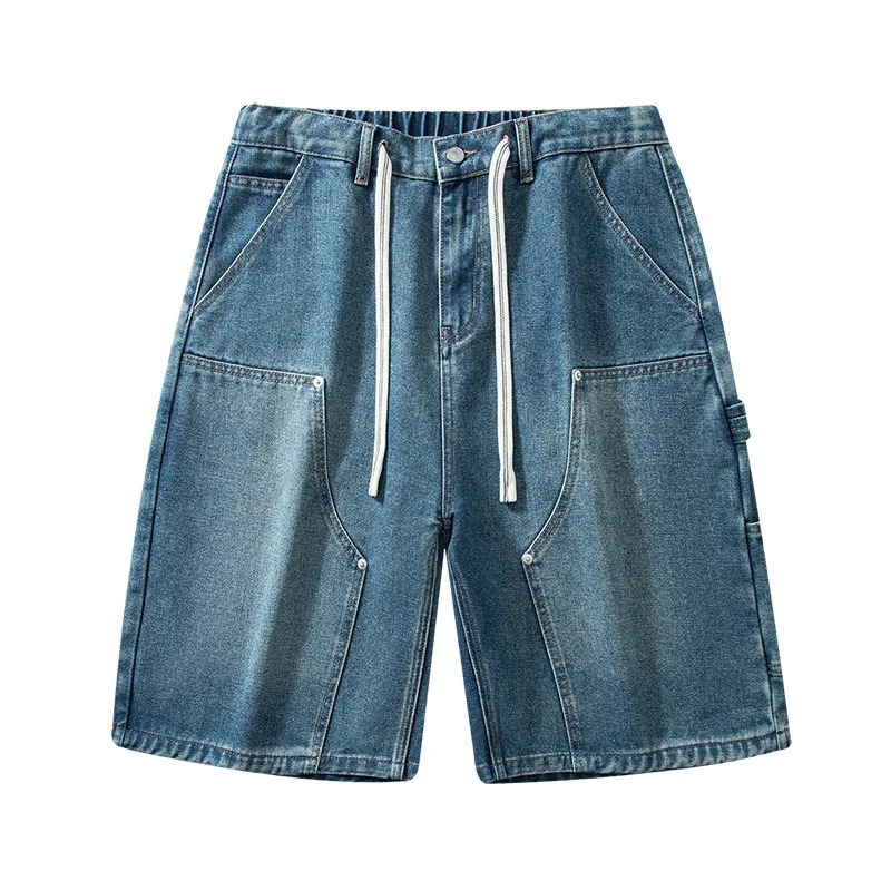 Fashion Streetwear Mens Denim Shorts Summer Loose Vintage Harajuku Splicing Hip-hop Cargo Moto Short Jeans Black Blue 260306