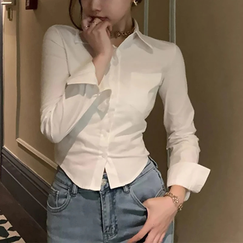 Korean White Office Women Chiffon Shirt Pocket Button Lapel Ladies Blouse Spring Commuter Long Sleeve Female Crop Tops 260306