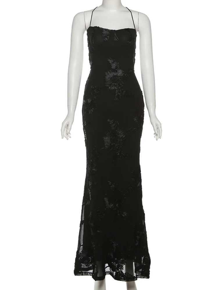 Womens Weird Puss Flower Embroidery Maxi Dress Low Neck Cross Bandage Backless Summer Elegant Slim Street Style Dress X260306