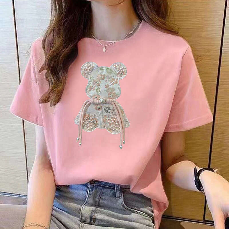 Frog button Buckle Pink Bear Beading T-shirt Heavy Handmade Diomand Shiny Bowknot Embroidery T Shirt Summer Tees Top Accessories Clothes