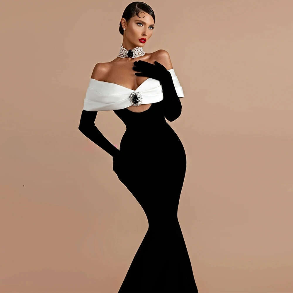 Contrast Color Crystal Mermaid Evening Dress Off The Shoulder Prom Dresses Court Train Celebrity Gowns