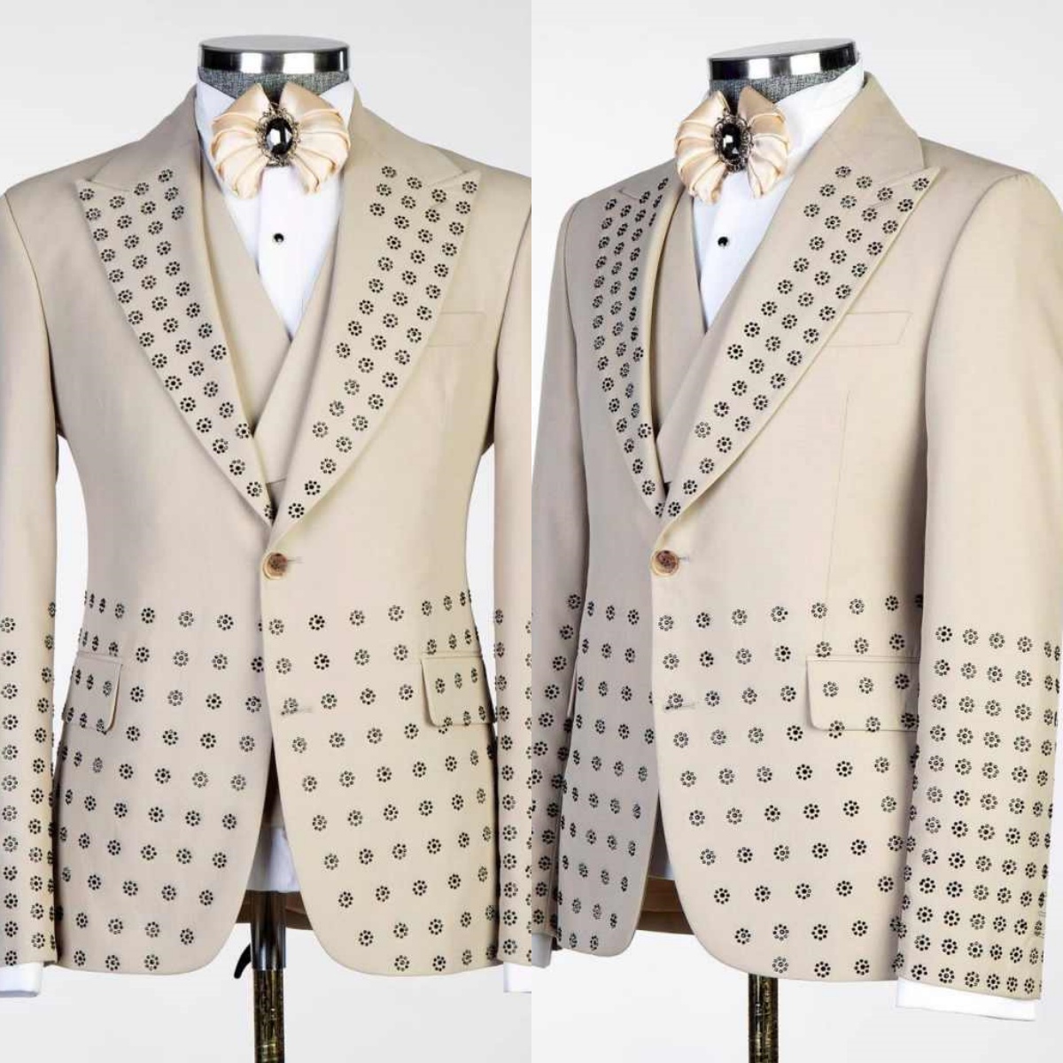 Formal Beaded Men Wedding Tuxedos 3 Pieces Peaked Lapel One Button Pant Sets Customized Trajes Para Hombre