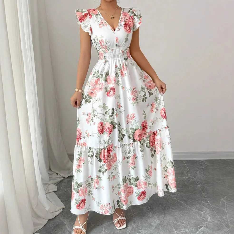 New Summer Womens Dress V-neck Elastic Waist Flying Sleeves Date Girl Vacation Fashion Patchwork Flower Print Female Long Skirt X260306