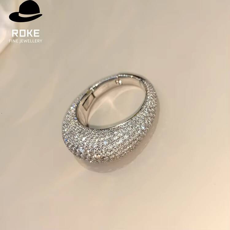 Luxury Wide-band Ladies Ring Pav-set with Lab-grown Round-cut Diamonds 9-18K White Gold Party Ring