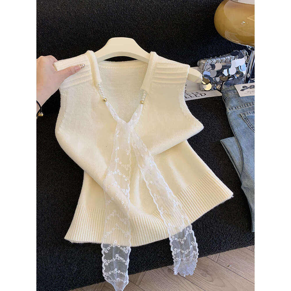 French-style lace ribbon V-neck knitted for women 2026 sleeveless vest Designer fashionable and versatile top A10499