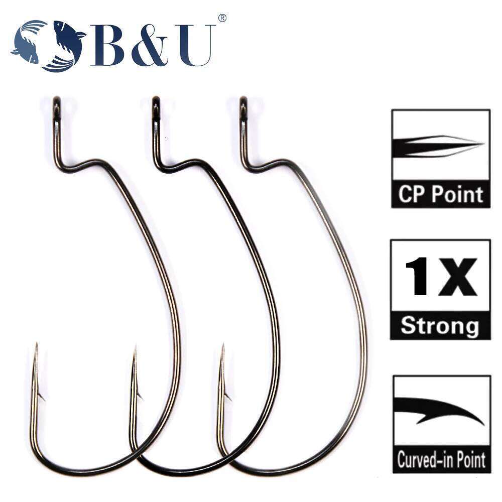 B&U Thin Wire Offset EWG Worm Hook with big rings Carbon Steel Crank Hooks Fishing Accessories For Soft lure tackle 12pcs S260305