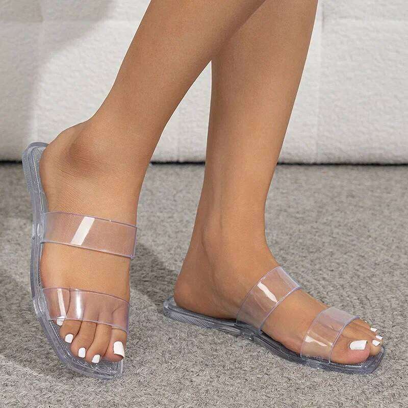 2025 Candy Colored Jelly Slippers Transparent Square Flip Flops for Open Toe Flat Casual Women Slides Beach Shoes