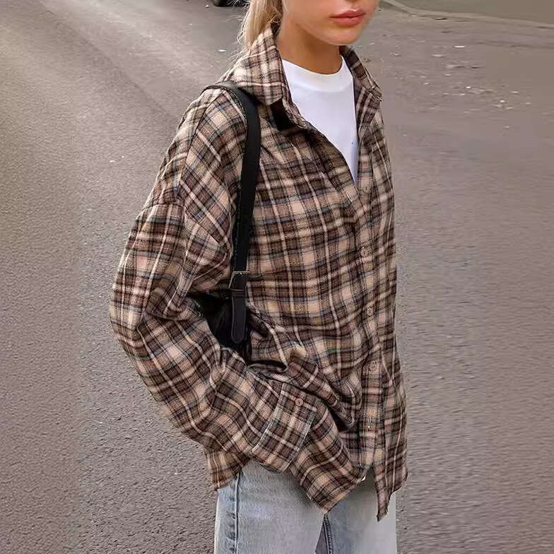 European-style cross-border spring vintage for women, long design, stylish base layer, loose fit plaid shirt