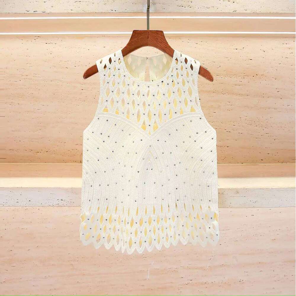 Stylish Openwork Mesh Rhinestone Embellished Slip Dress + Cardigan Mdng260306