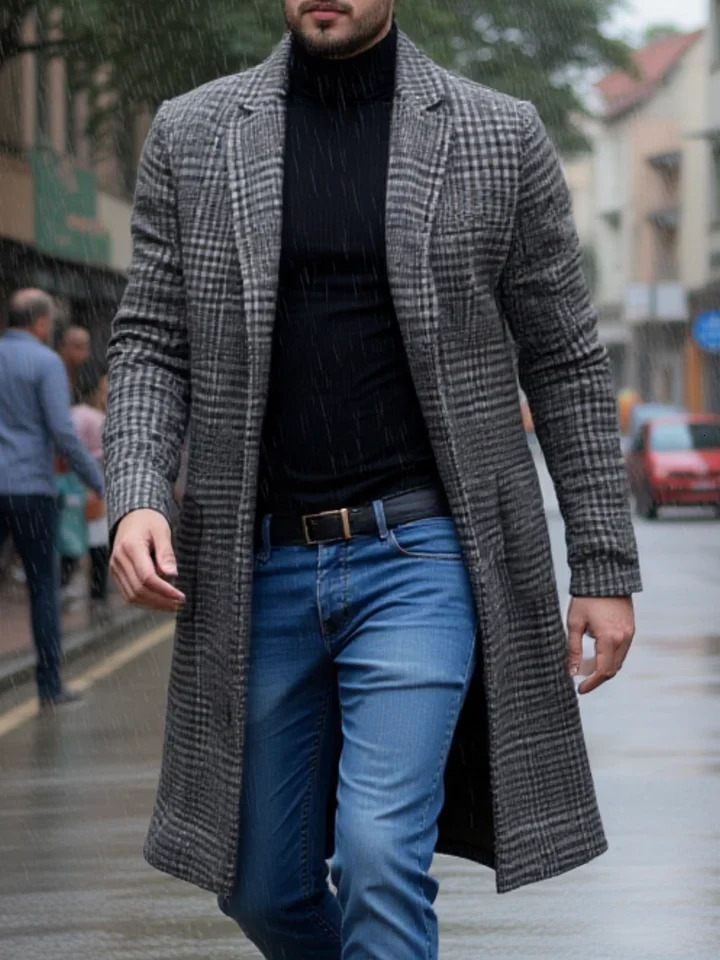 Warm Stylish Trench Mens Houndstooth Overcoat Windproof Fleece Lined EU Fit Casual Winter Chic Coat Jacket 260302
