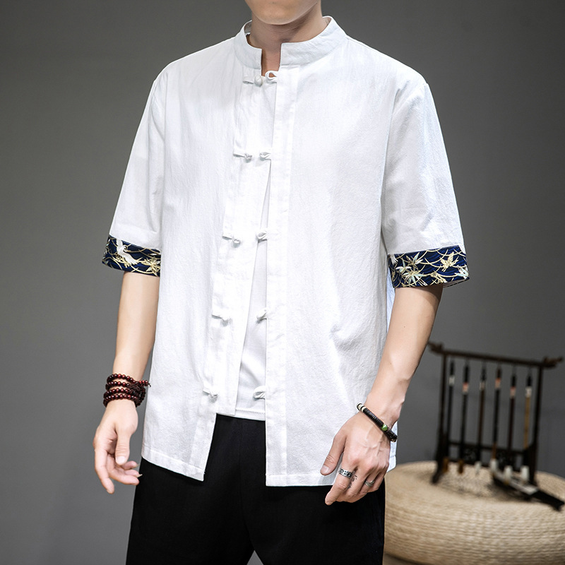 Men'S Linen Style Large Size Short Sleeve Shirt Chinese Style Cotton Linen Loose Button Shirt