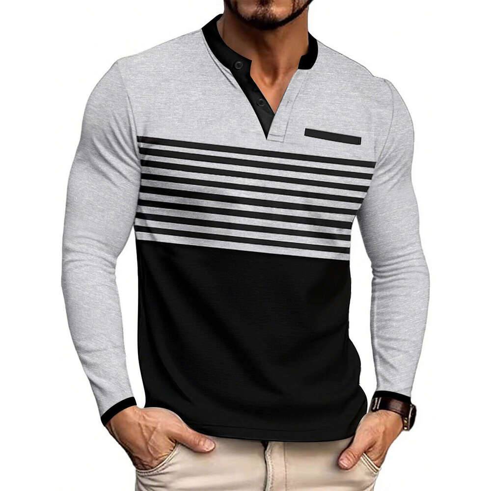 2026 Cross-Border Foreign Trade European and American Summer New Men's Long-Sleeve V-Neck Contrast Color Striped Slim Fit Business Casual T-Shirt