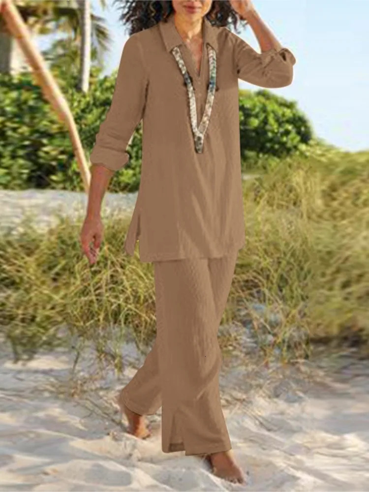 Loose Casual Pant Sets For Women Autumn Long Sleeve Solid Color Cotton And Linen Two Piece Set Vintage Style Lady Suits 260305