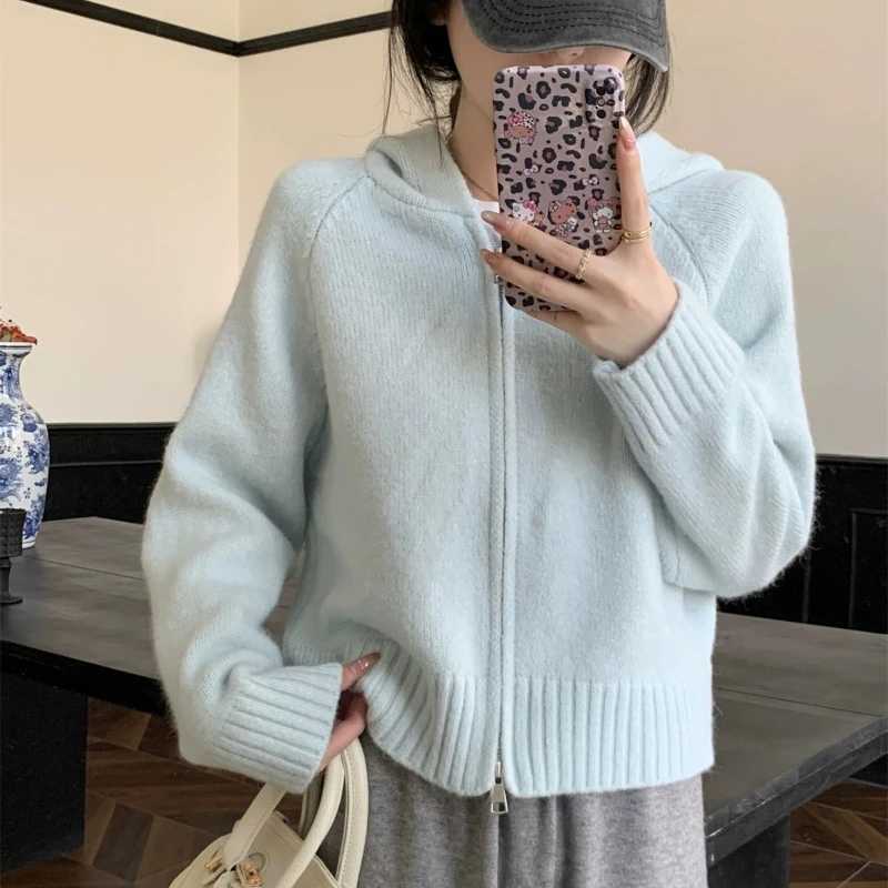 New Fashion Double Zipper Hooded Knitted Cardigan Womens Long Sleeved Sweater 2025 Autumn and Winter Solid Color Straight Coat M260306
