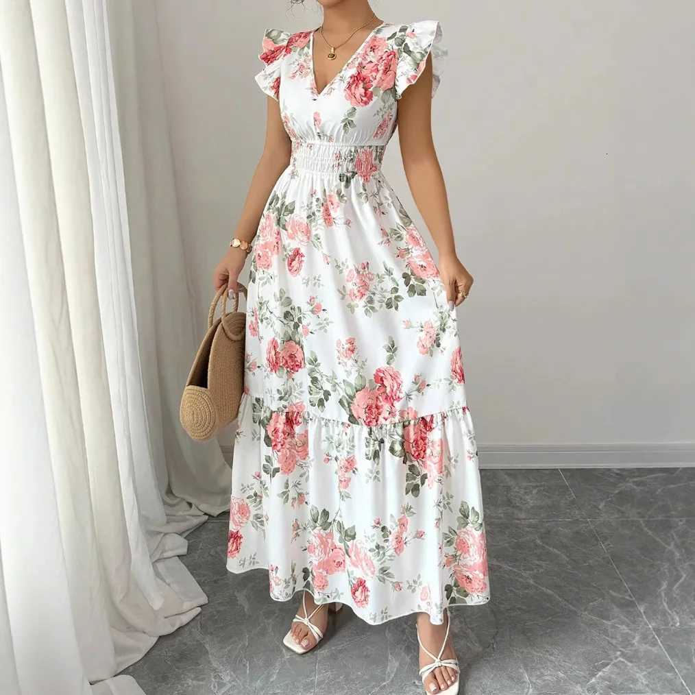New Summer Womens Dress V-neck Elastic Waist Flying Sleeves Date Girl Vacation Fashion Patchwork Flower Print Female Long Skirt X260306