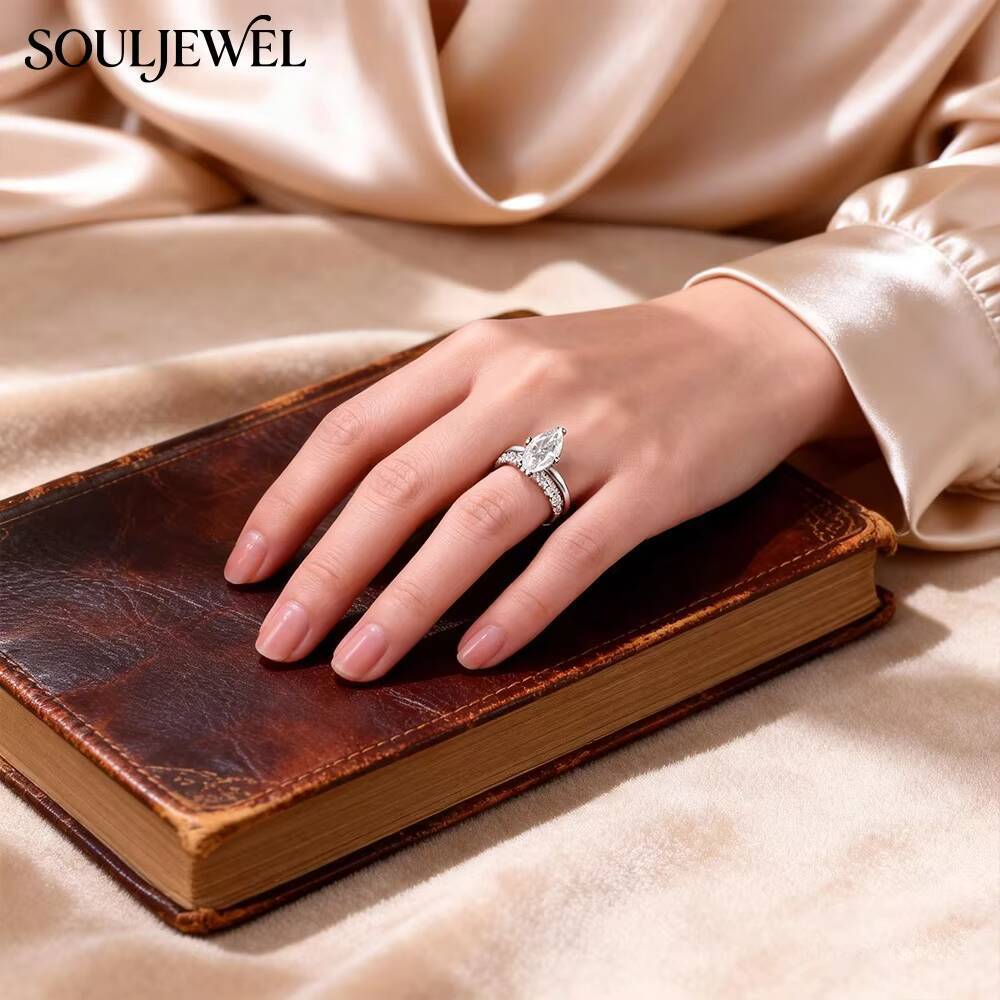 Souljewel Marquise Moissanite Combination Stacking Rings D Color VVS Sterling Silver Wedding Engagement Anniversary Bands