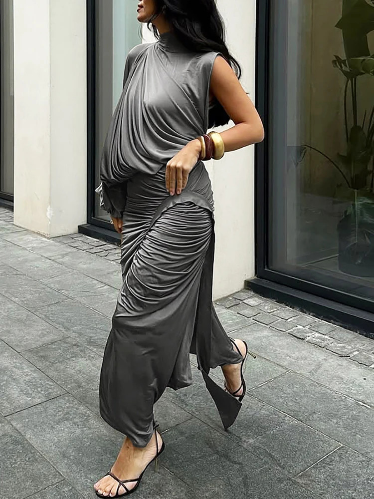 kliou Unique Irregular Women 2 Piece Set Solid Swinging Pleated Single Full Sleeve Turtleneck TopsMatching Split Maxi Skirts 260304