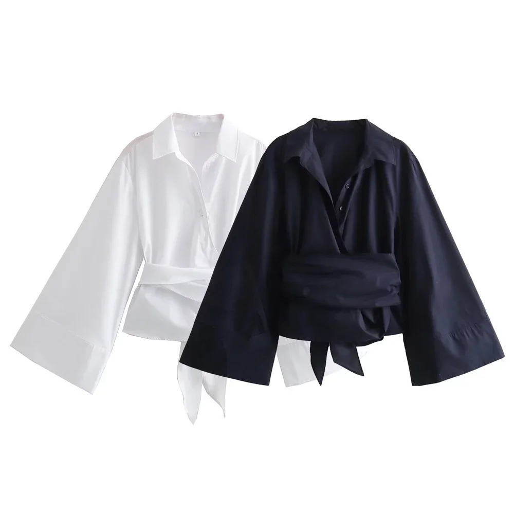 Womens Fashion Casual Polo Neck Bow Tie up Short Edition Double Breasted Poplin Shirt 260306