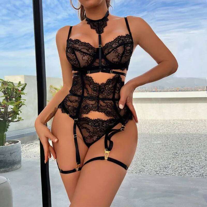 Women's Sexy Lingerie Bra Waist Cover Underwear Set Summer Eyelash Lace Stitching Strap Pants Loop