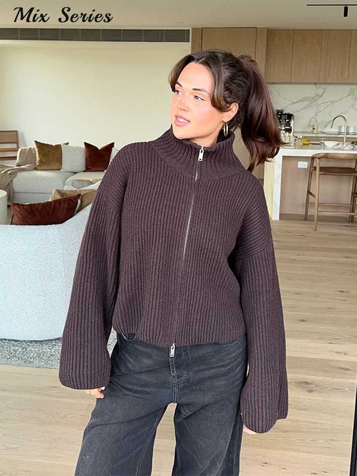 Casual Turtleneck Knitted Ribbed Sweater Womens Loose Full Sleeve Zippers Cardigan 2025 Autumn Winter Lady Minimalist Outerwear M260306