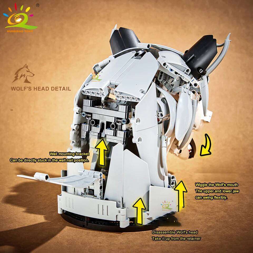 HUIQIBAO MOC Creative Wolf Deer Eagle Head Model Building Blocks Animal Pendant Wall Hanging Sculpture Home Decor Toy Z260306