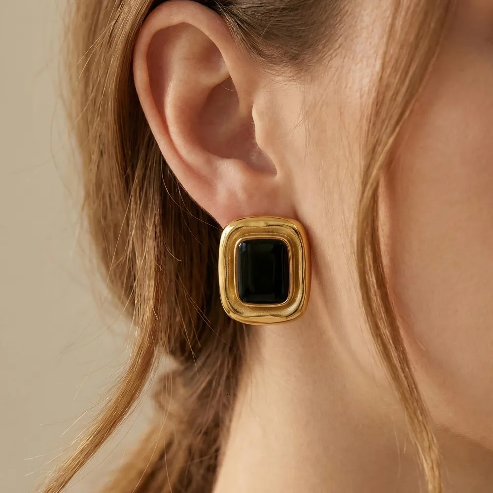 Chunky Vintage Tiger Eye Black Stone Stainless Steel Stud Earrings For Women Statement 18K Gold Plated French Autumn Jewelry 260303