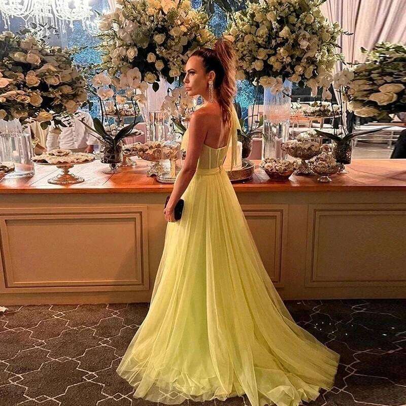 Prom A Line Tulle Fuschia One Shoulder Bones Slit Floor Length Women Evening Long Formal Occasion Dress Customized