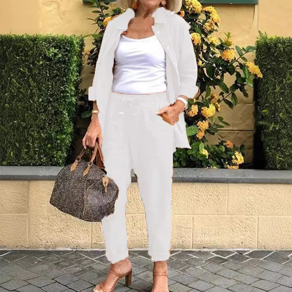 Cotton Linen Set Women Spring Summer Loose Oversize Long Sleeve Shirt Long Pants 2 Piece Sets Casual Office Ladies Trousers Suit 260305