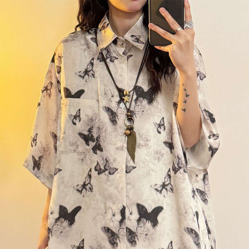 Summer CasualFashion Loose Retro Fashion Buttons Single Breasted Printing Short Sleeve Dyeing Technique Casual Hang Sensation Haome Top