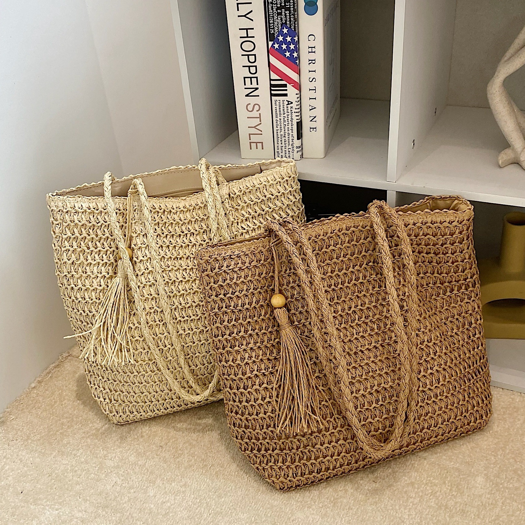 Beach vacation style women's large bag new hollow straw tote bag spring and summer large capacity armpit beach bag designer bag