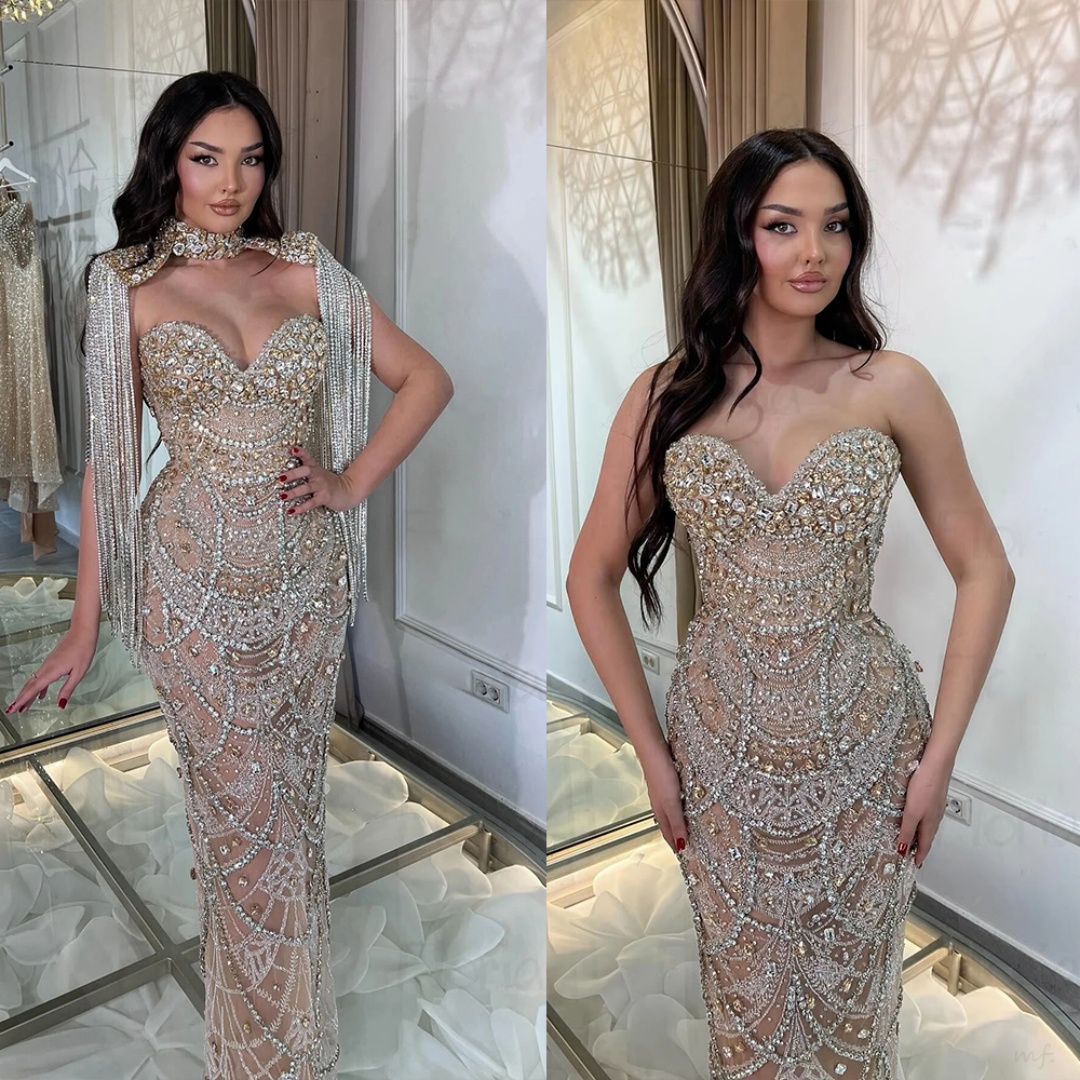 Luxury Evening Dresses Mermaid Sweetheart Rhinestones Prom Dresses Backless Celebrity Party Gown Customized Vestido De Novia