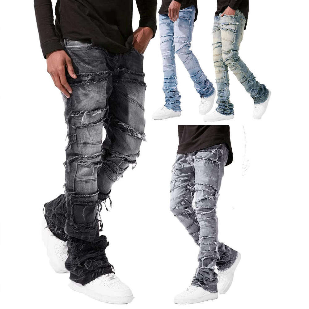 Cross-Border New Men's European and American Street Fashion Ins Hot Elastic Patch Denim Straight Pants