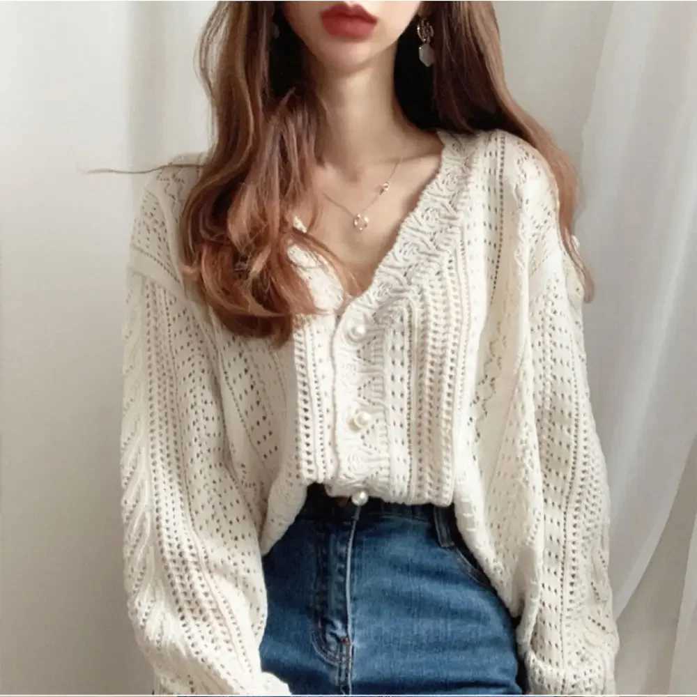 2024 Women Spring Summer Sweater and Cardigans Low V-Neck Knit Tops Long Sleeve Hollow Out Sexy Cardigan Loose White Tops M260306