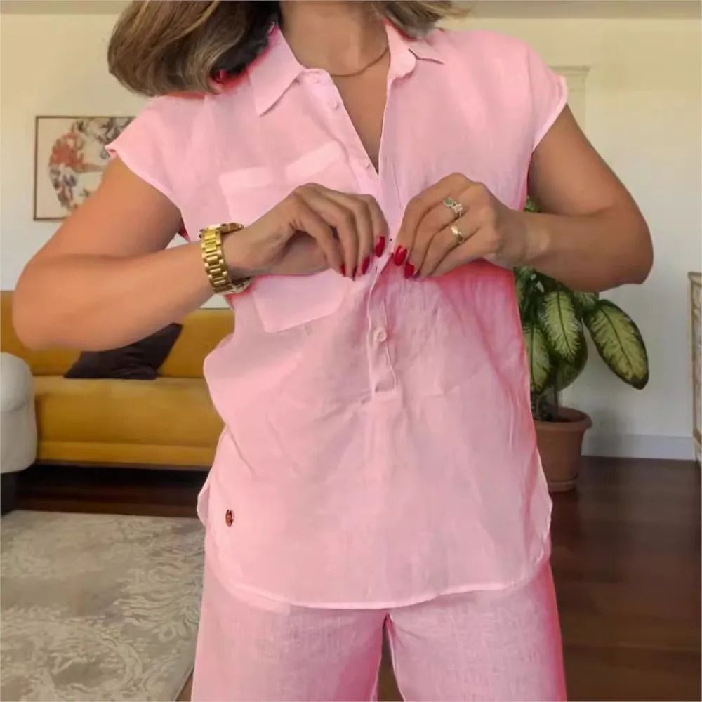 Spring summer short-sleeved shirt women Solid color cotton linen Suit Fashion pocket leg pants Female office elegant 2piece set 260304