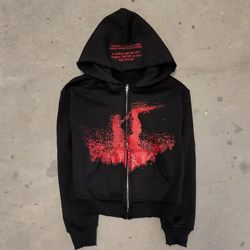 Hip Hop Gothic Retro High Street Baggy Zip Up Hoodie Y2k Graphic Print American Zipper Hoodie Mens and Womens Sweatshirt 260228