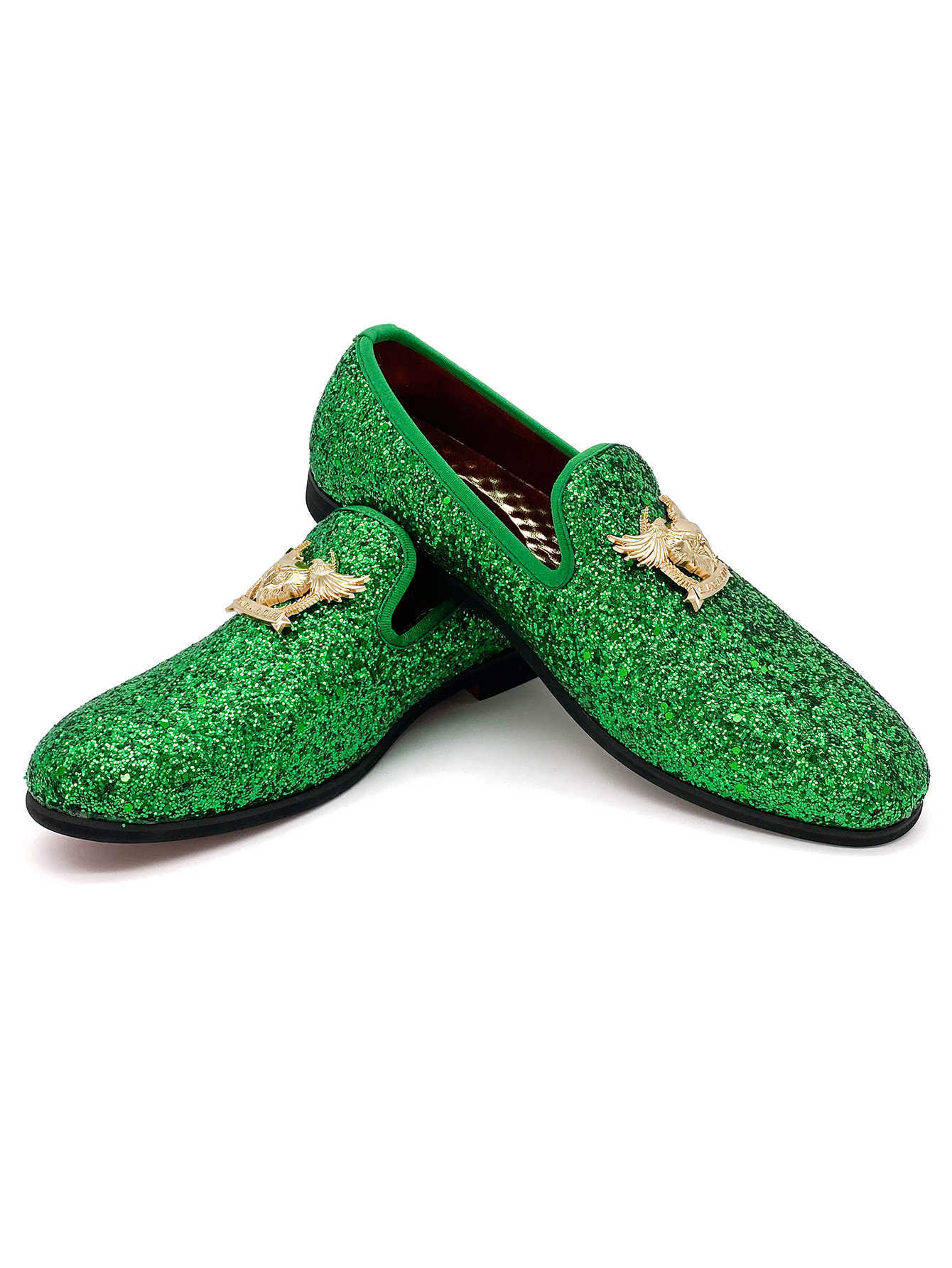 Men's Black Glitter Loafers Sparkly Sequined Slip-On Dress Shoes with Gold Eagle Emblem Luxury Formal Wedding Party Evening Shoes with Red Sole