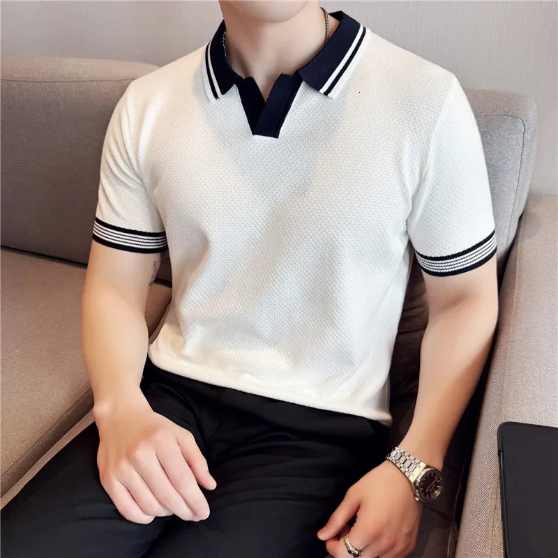 Knitted Polo Shirt Short Sleeved British Style High Stretch Summer Ice Silk Light Thin Solid Casual T-shirt Trendy Men Clothing 260304