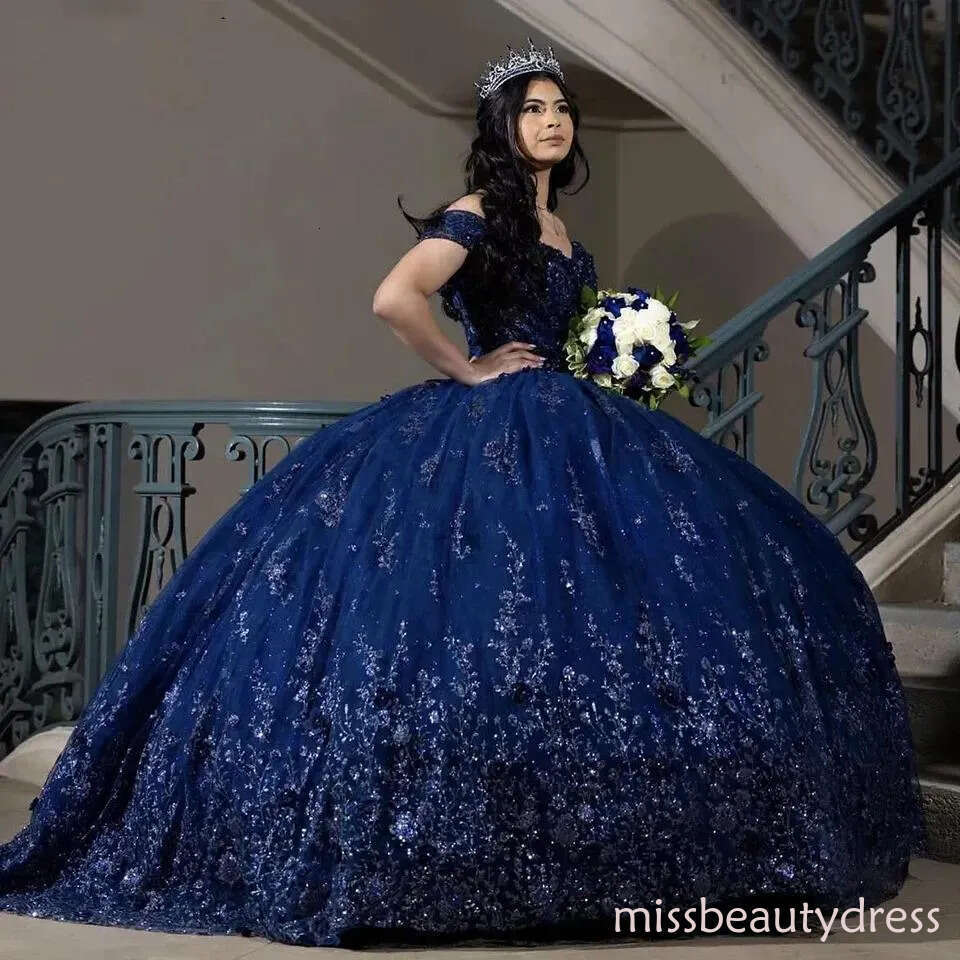 Navy Blue Ball Gown Quinceanera Dresses Lace Floral Appliques Beaded Off Shoulder Princess Prom Dress For 15 Girls Celebrity Party Boutique